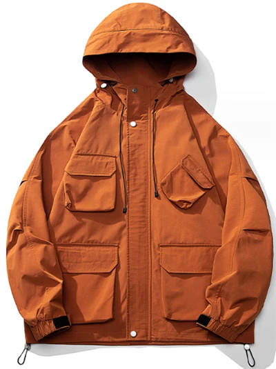 Orange Multi-Pocket Outdoor Cargo Hooded Jacket