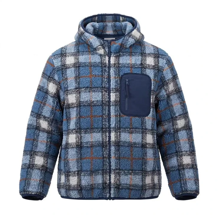 เสื้อแจ็คเก็ตมีฮู้ดมีฮู้ด Teddy Sherpa ลายสก็อตย้อมเส้นด้าย